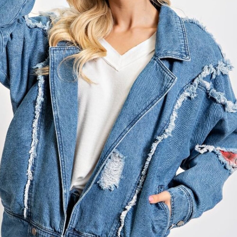 Easel Distressed Blue Denim Jacket NWOT. BRAND NEW. Large. - Picture 2 of 5
